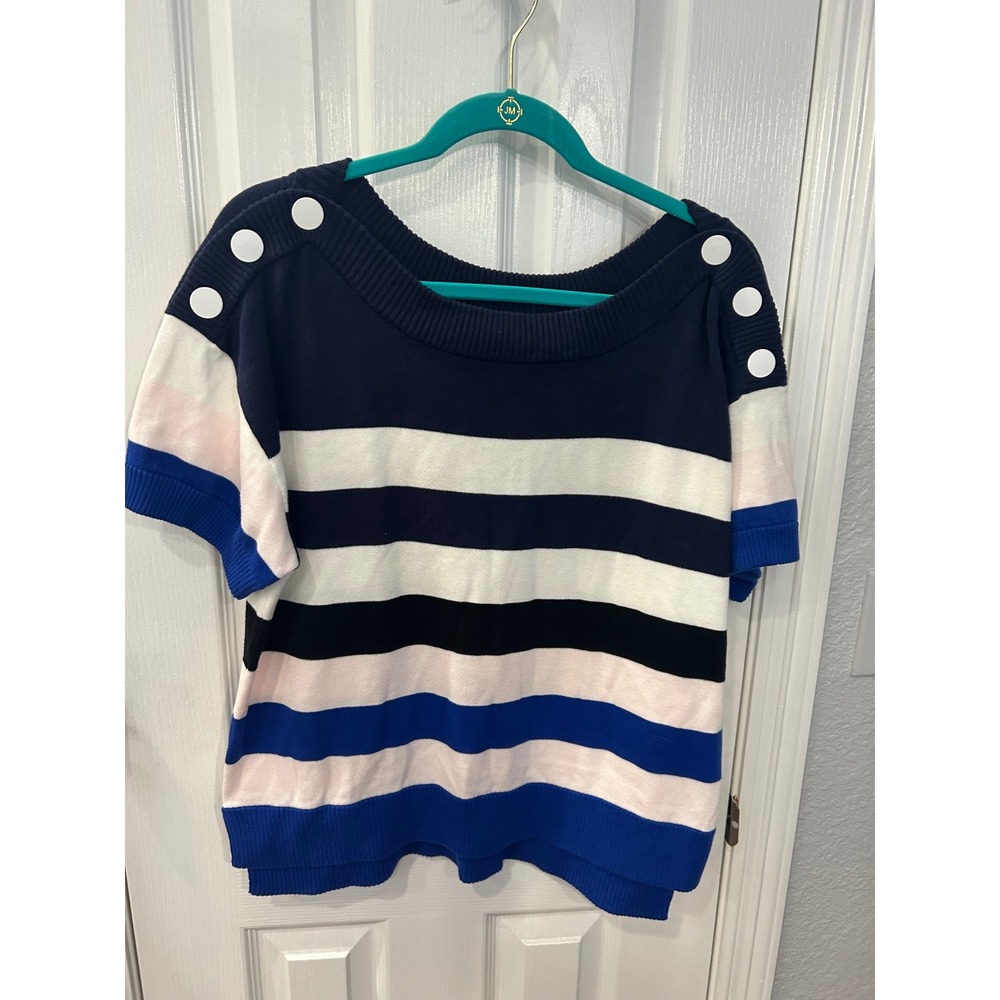 Cabi Short Sleeve Sweater Multi Color‎ Striped Button Shoulder Nautical 5448